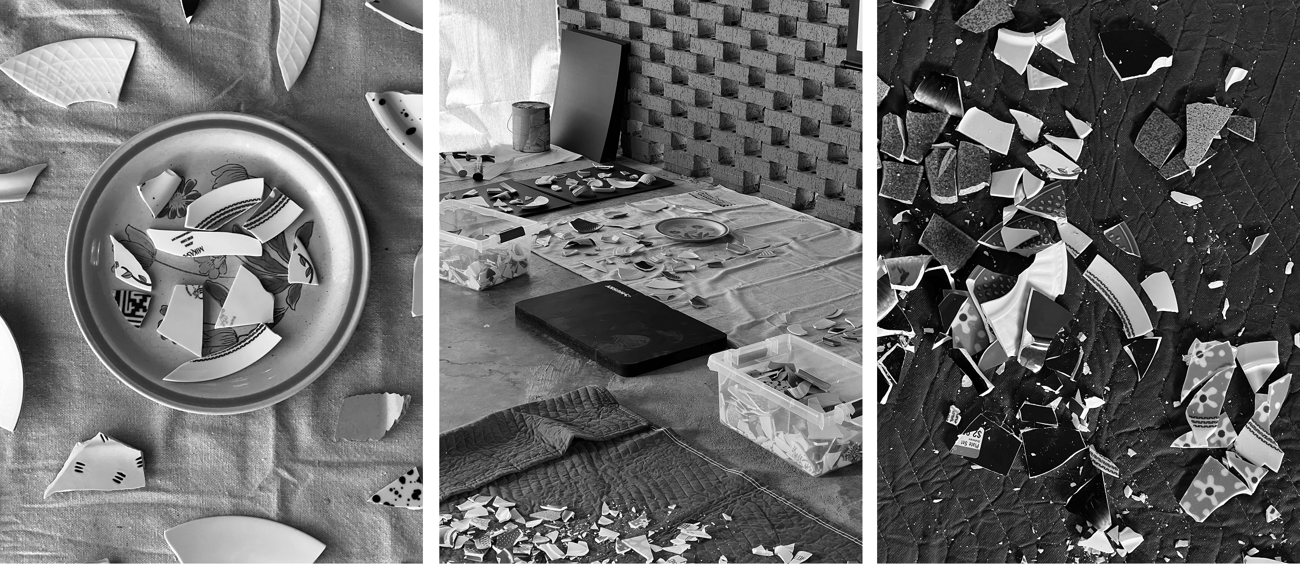 Three detail shots of the shards and smashing process during the Type Smash party in 2025.
