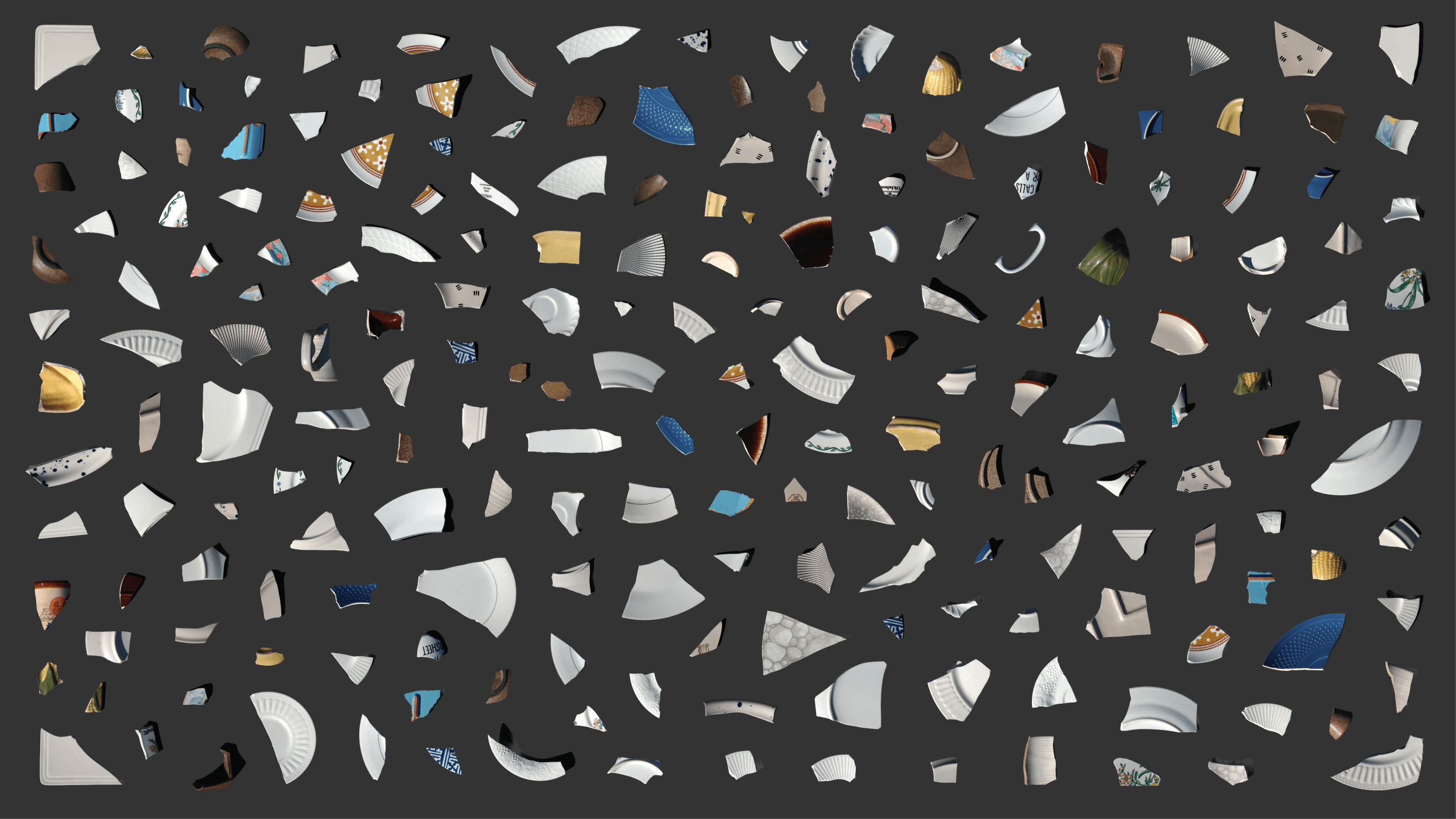 An image showing the vast amount of the documented shards on a flat plane.