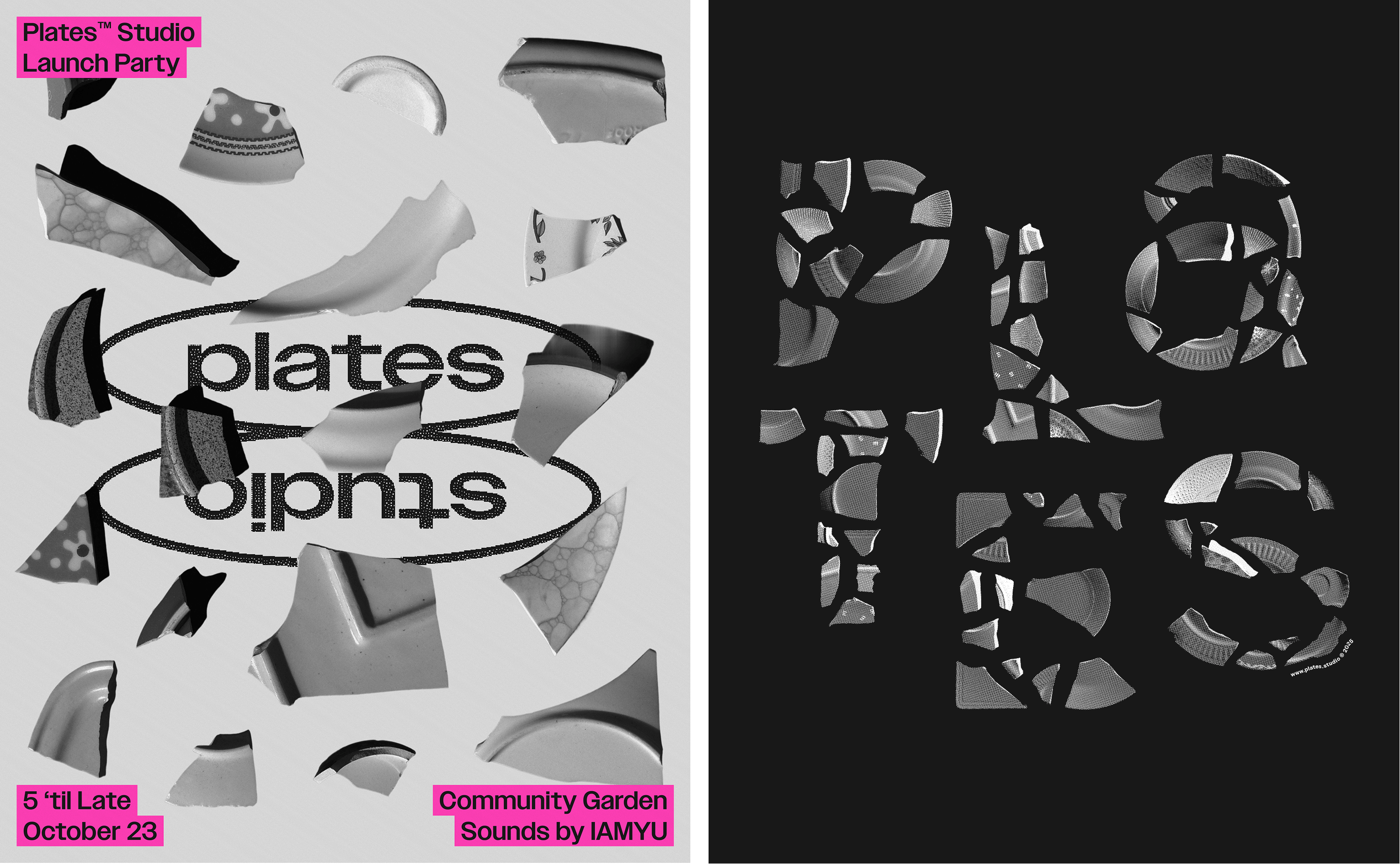 On the left, the poster for the Austin launch party using the shards. On the right, the typographic design spelling the word PLATES that was printed on the shirts for the launch party.