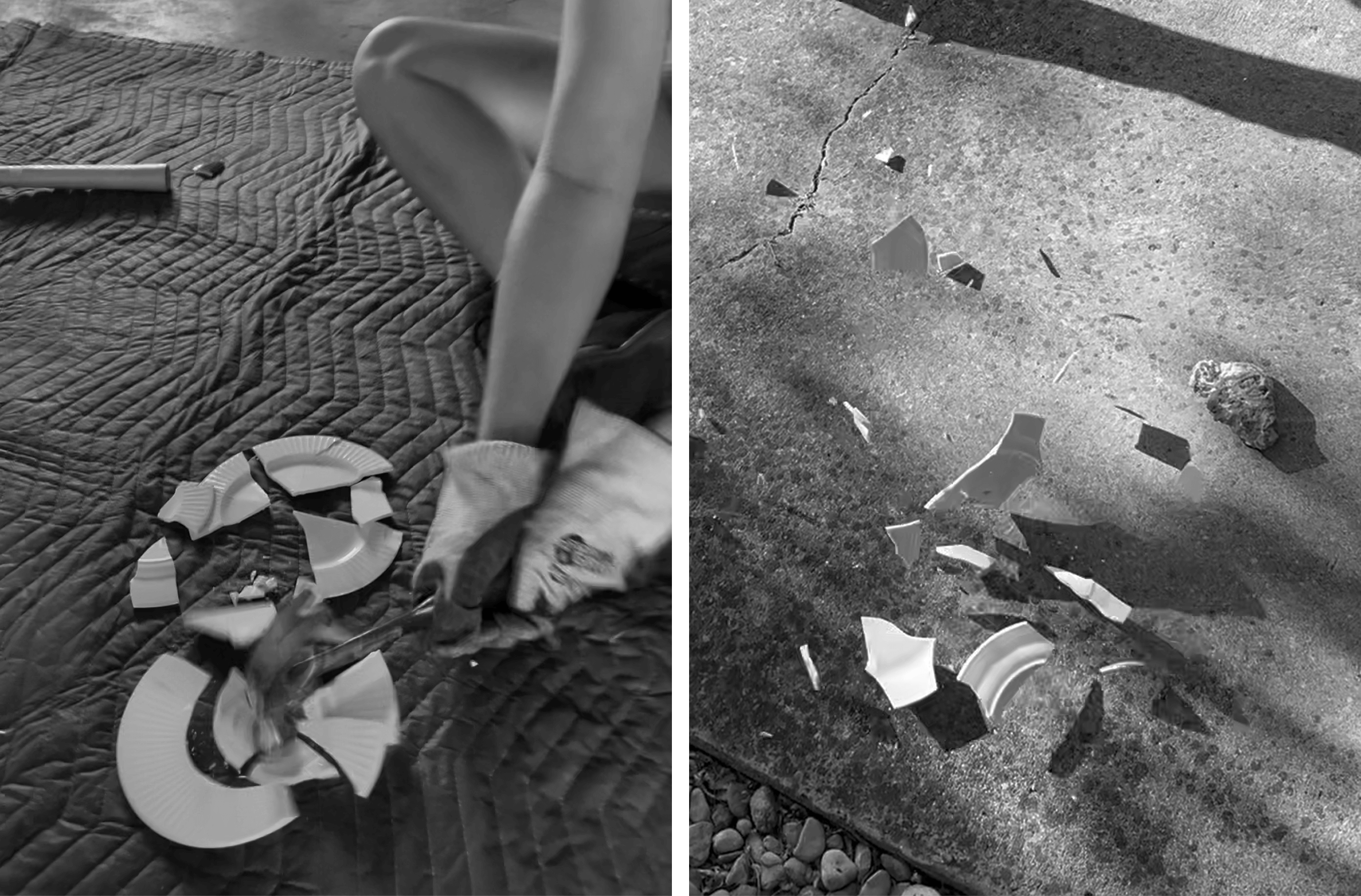 Two images of smashed plates taken at the Plates Type Smash party in 2025.